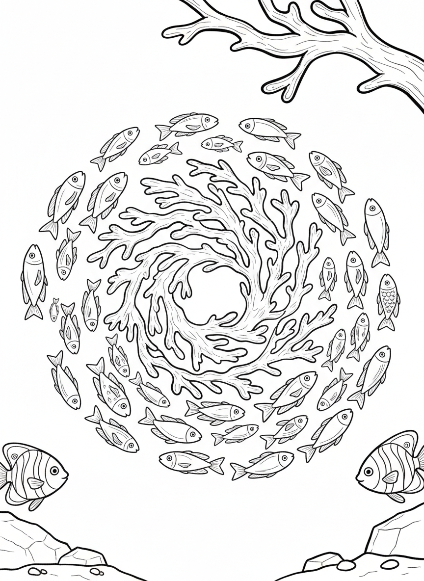 A group of colorful fish swimming in a circle around a large coral formation, creating a dynamic composition