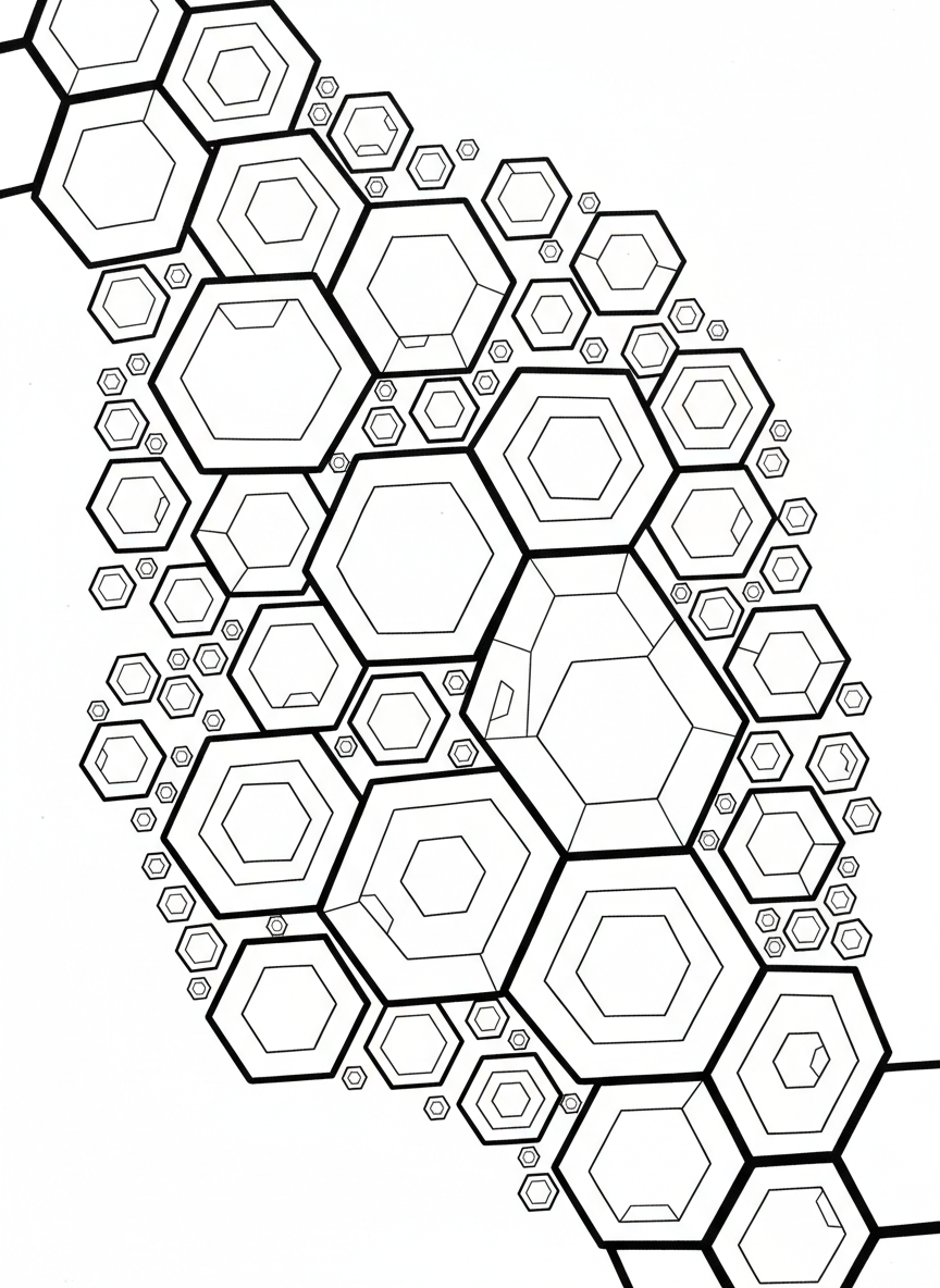 A simple geometric pattern of hexagonal crystals fitting together like a honeycomb, with varying sizes creating an interesting design.
