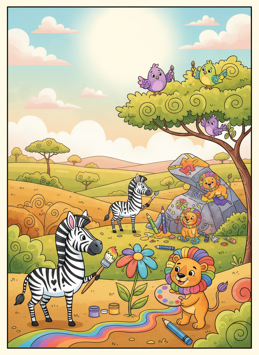 Cheerful animals coloring book cover, full-color whimsical illustration with cartoon zebras, lions, and birds in a savanna scene. Title-safe area at top.