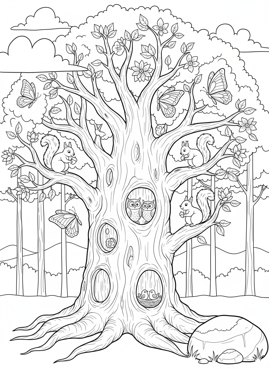 A tree with different animals living in it: squirrels, owls, and butterflies, showing how trees provide homes.