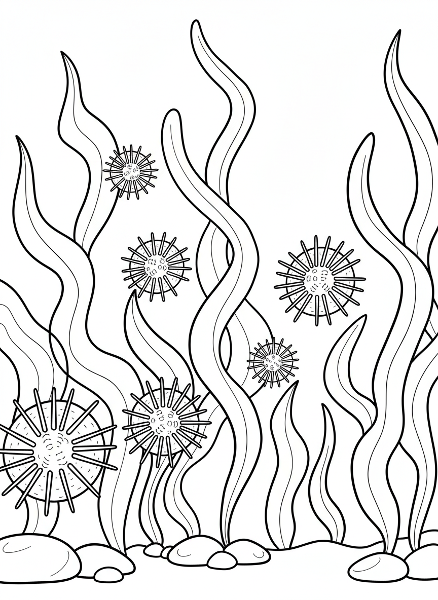 Underwater garden scene with exactly 8 sea urchins of varying sizes nestled among simple kelp plants, easy to spot and count.