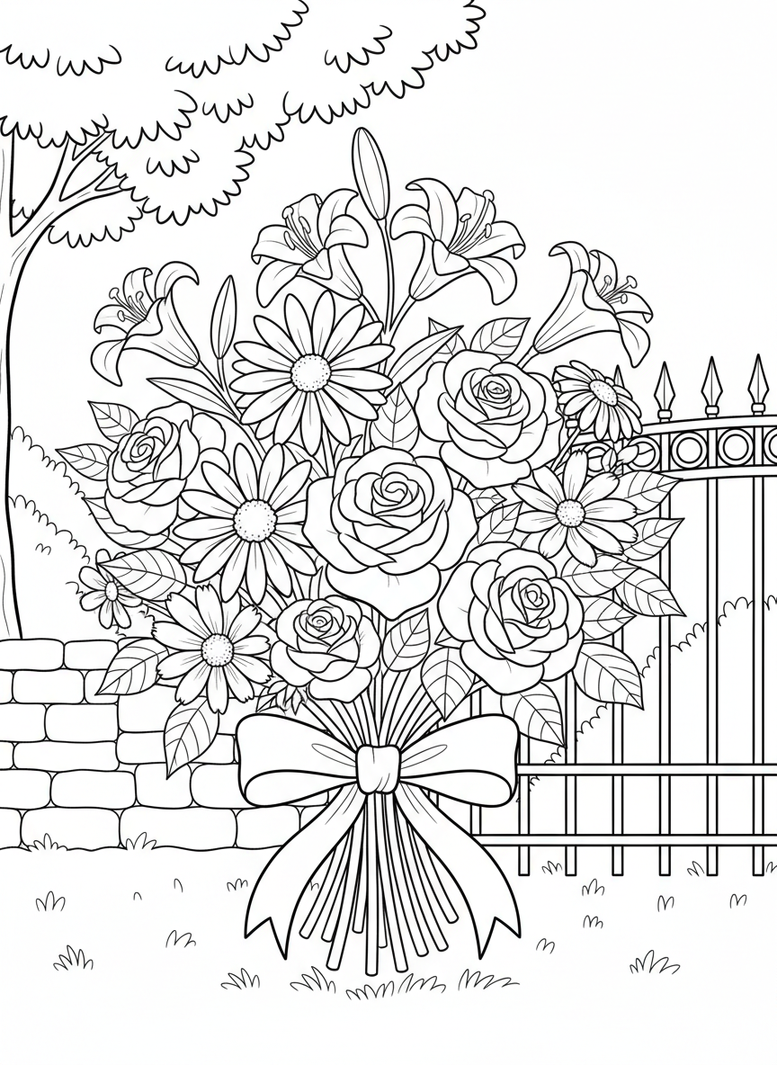 A bouquet of mixed flowers including daisies, roses, and lilies tied with a ribbon bow, simple arrangement.