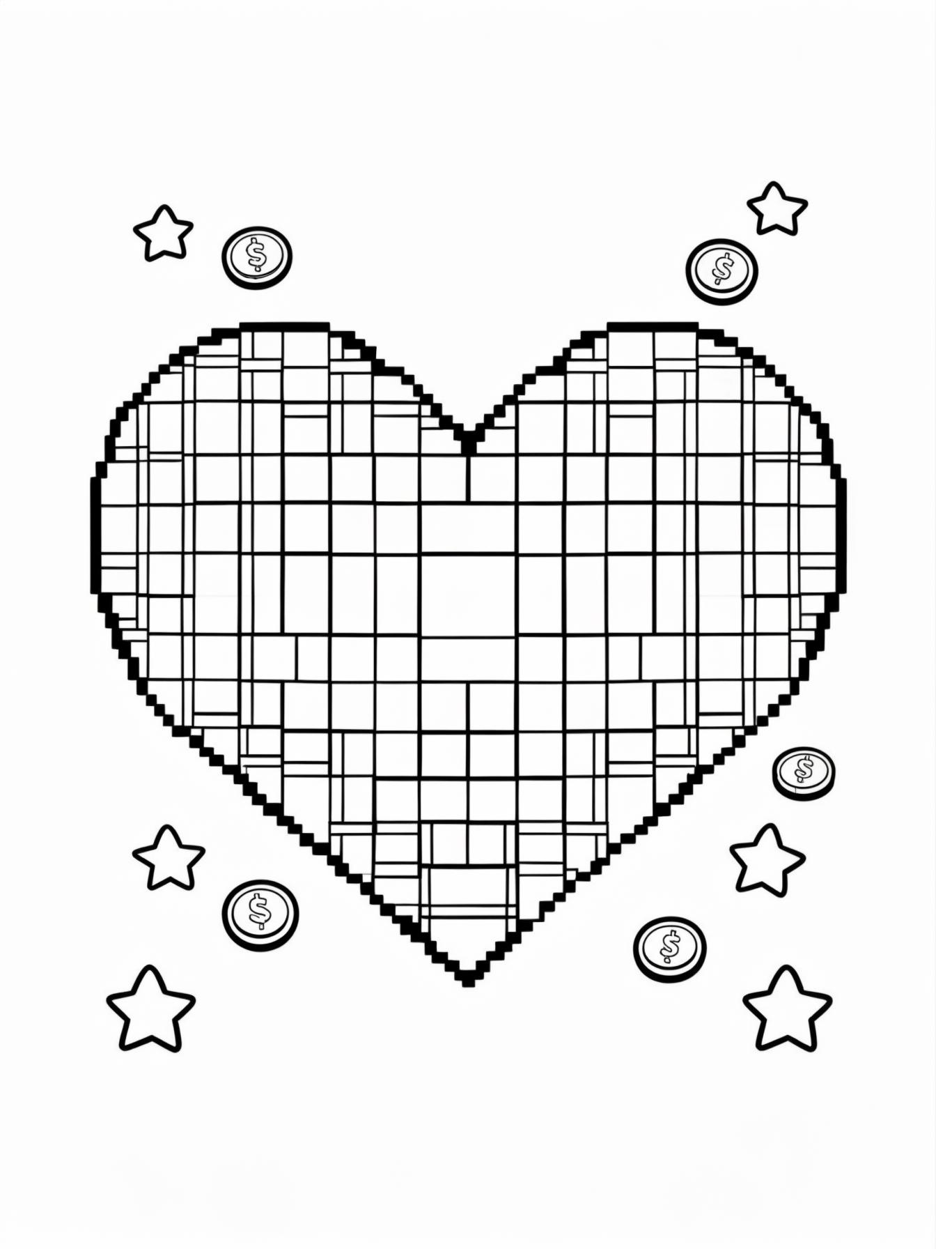 Pixel Heart: A large, 8-bit style heart (made of squares) surrounded by smaller pixel stars and coins.
