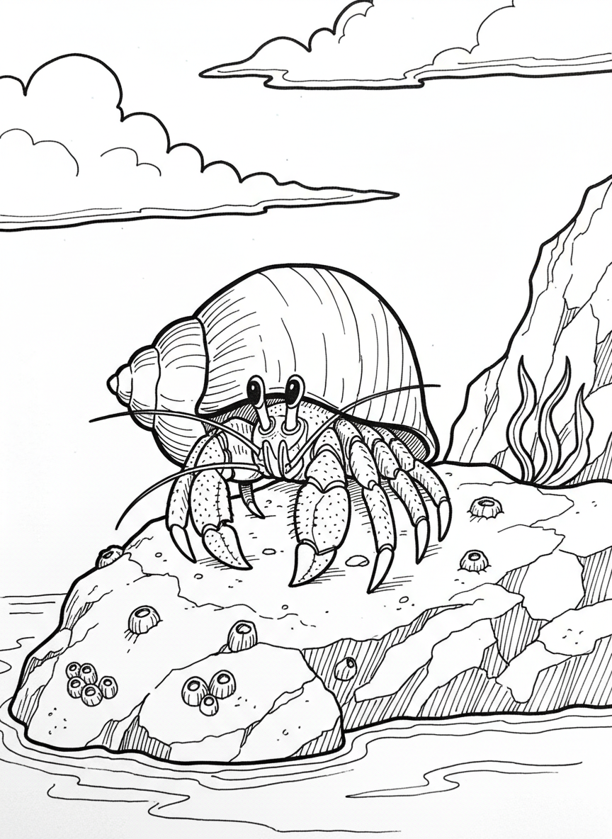 A hermit crab peeking out from a borrowed snail shell, sitting on a tide pool rock with tiny barnacles