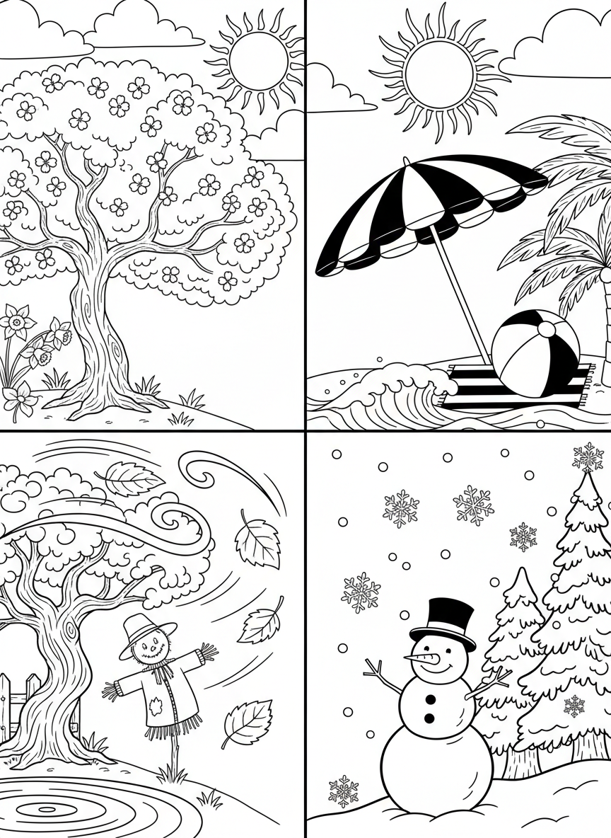 Four seasonal weather scenes in quadrants showing sunny spring, summer sun, autumn wind, and winter snow