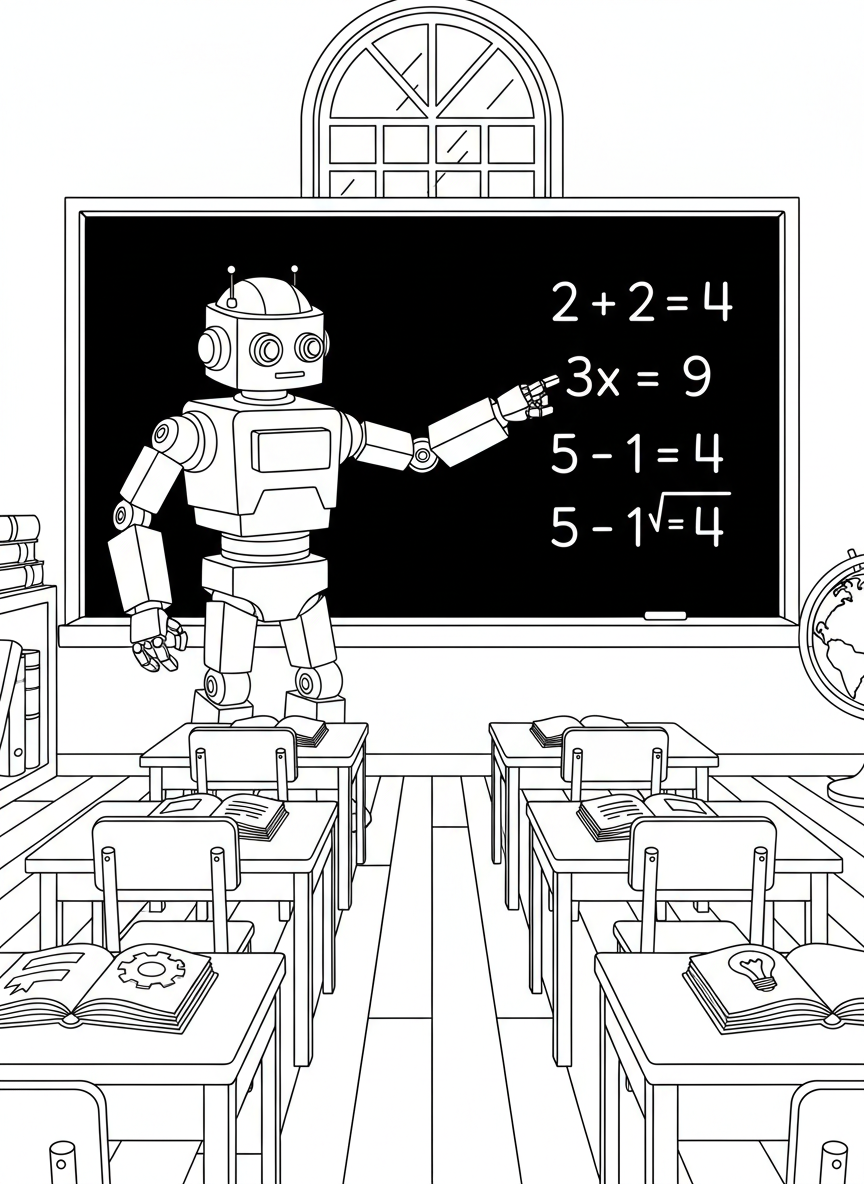 A robot teacher pointing at a chalkboard covered in simple math equations, standing in a classroom with desks and books.