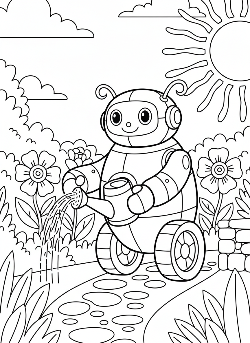 A cheerful round robot with antenna ears watering flowers in a sunny garden, with a watering can attachment on one arm and wheels for feet.