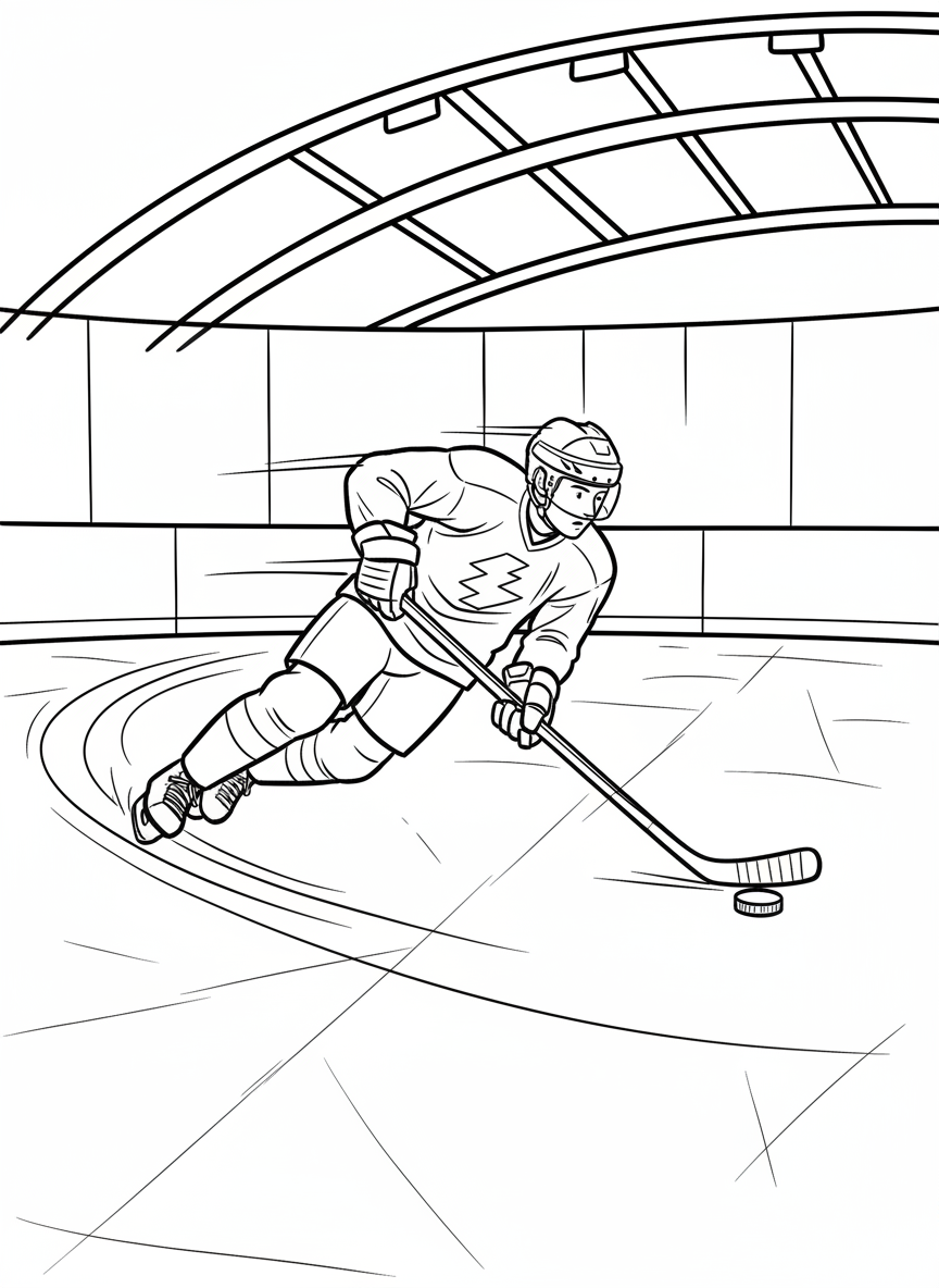 A hockey player skating fast with the puck, leaning forward in motion, with speed lines trailing behind on the ice.