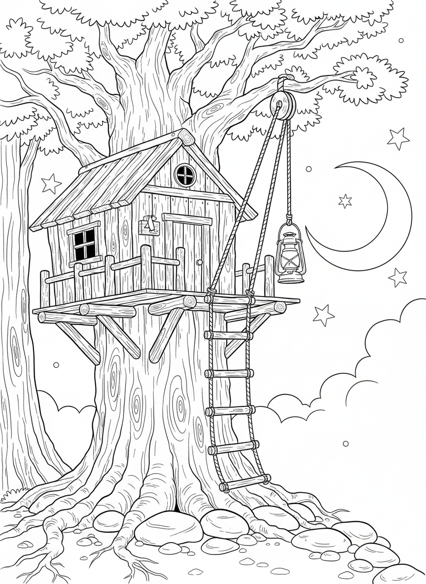A nighttime scene of a treehouse with a rope ladder and lantern being pulled up by pulley system.