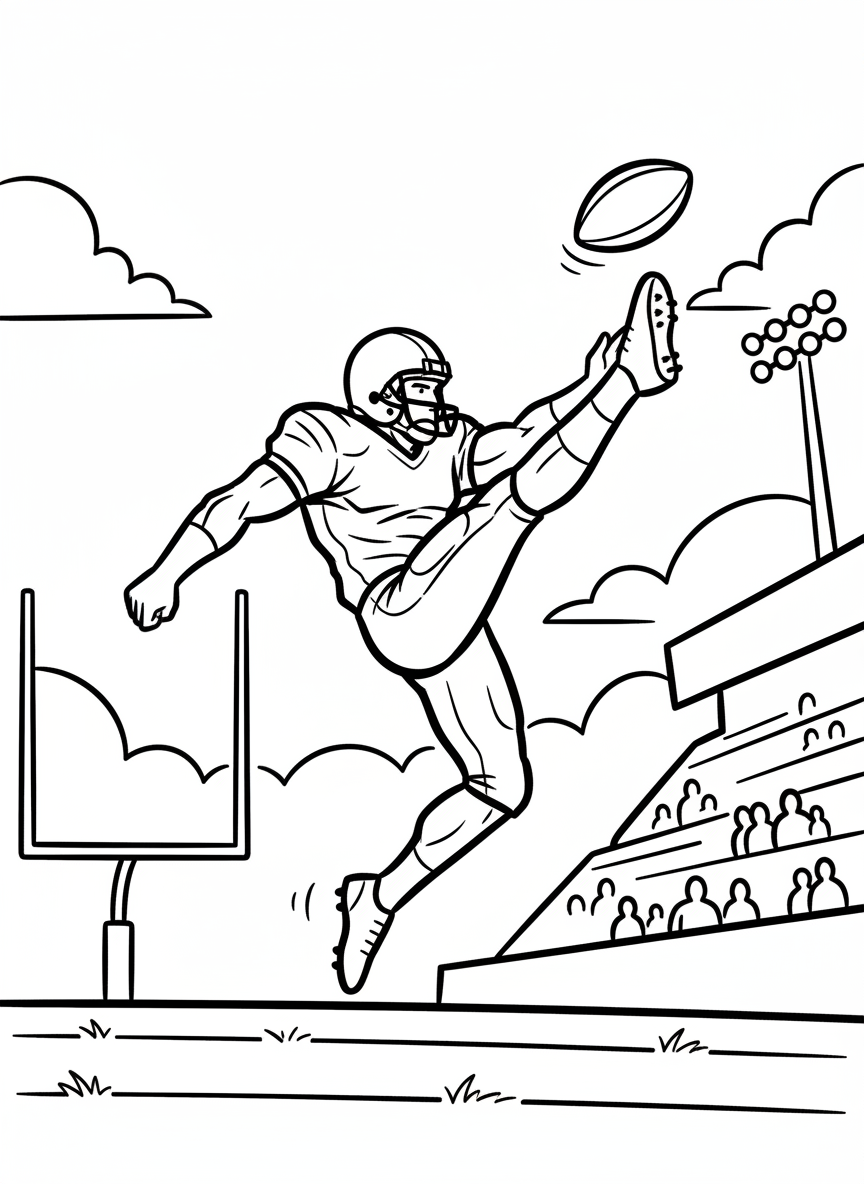A punter kicking the football high into the air, leg extended upward, athletic kicking pose