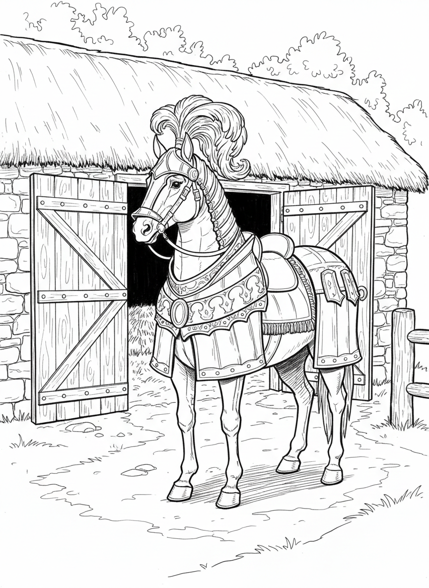 A knight's horse wearing decorative armor and a plumed headpiece, standing proudly in front of stable doors.