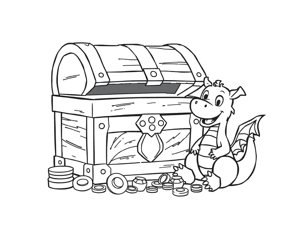 A treasure chest guarded by a friendly dragon sitting beside it, smiling, with coins and gems piled high around them.