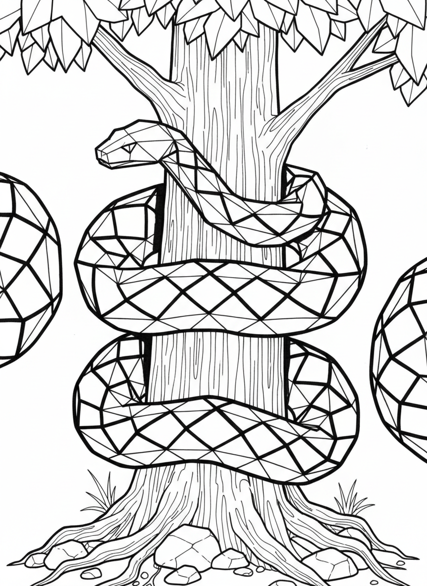 An origami python wrapped around a tree trunk, showing repeating diamond patterns and angular head, vertical composition.