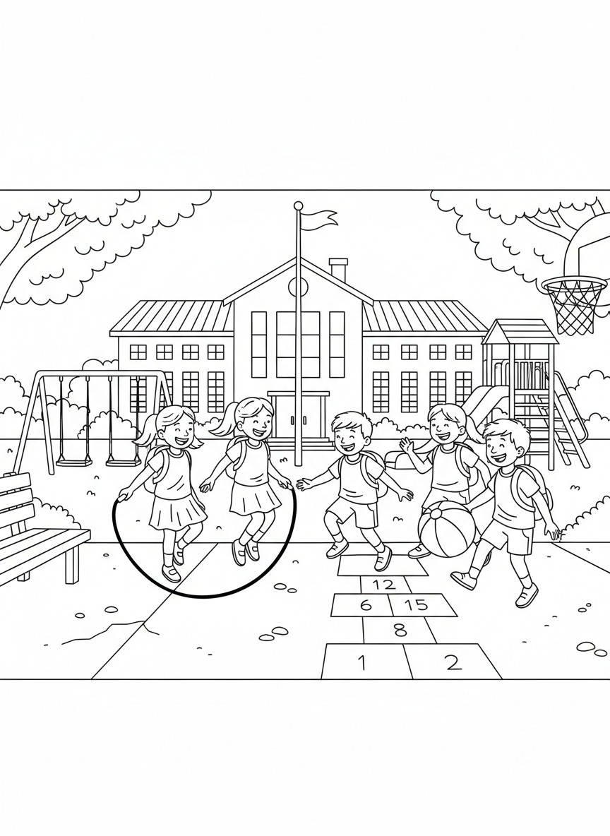 Kids playing outdoor games like hopscotch or jump rope on the school playground during the final day