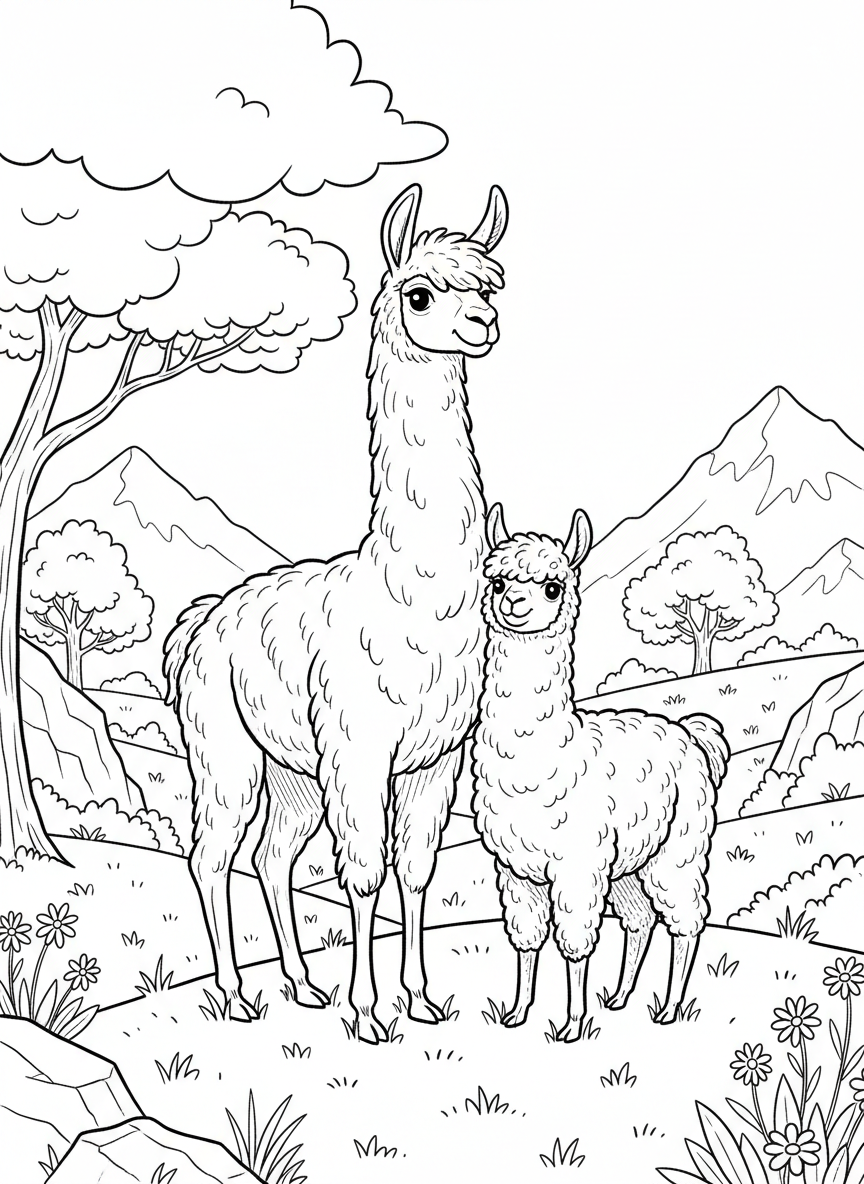 A llama and alpaca standing side by side as best friends, showing the size difference between the two animals.