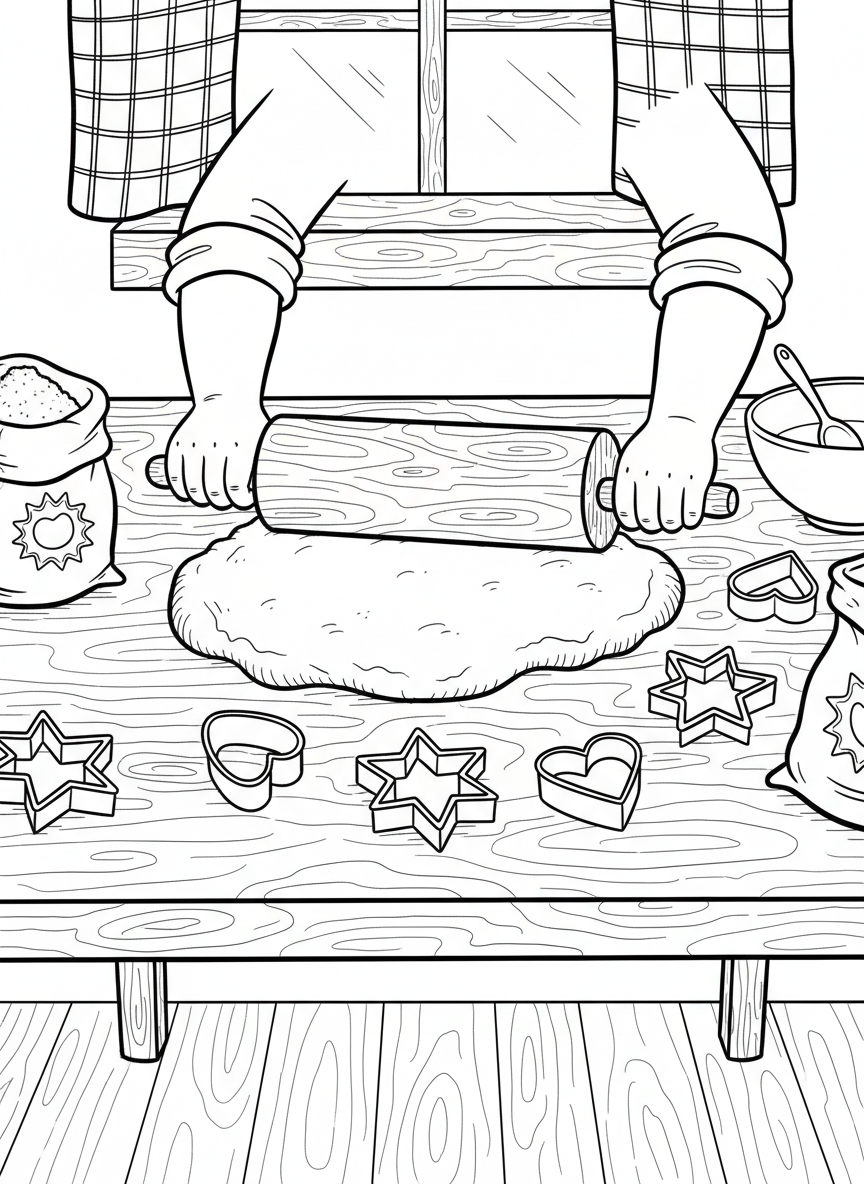 A child's hands rolling out cookie dough with a rolling pin, with star and heart-shaped cookie cutters nearby on the table.