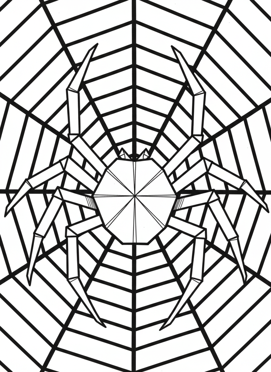 An origami spider with eight folded legs extending from a round body, geometric web pattern in background