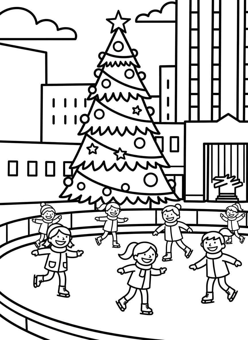Children ice skating at Rockefeller Center with the famous Christmas tree in the background, winter scene with happy kids.