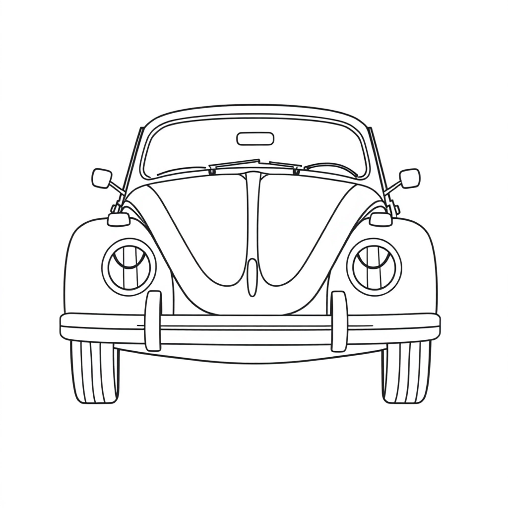 A black-and-white line art illustration of a 1960s Volkswagen Beetle, outlined with bold, simple lines for coloring. Plain white background.
