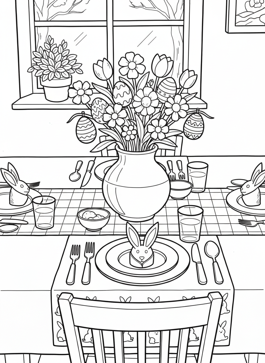 An Easter dinner table setting with a centerpiece of flowers, decorated eggs, and a festive tablecloth, view from above