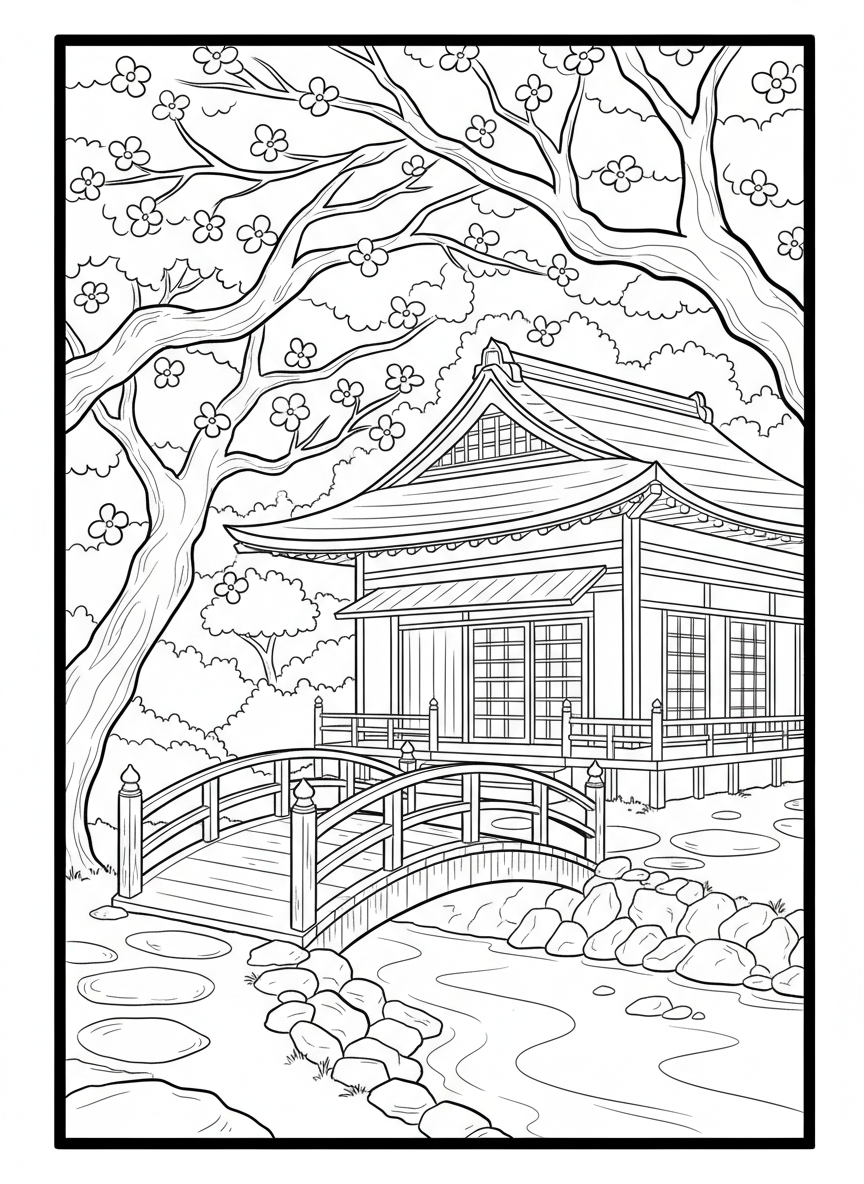 A traditional Japanese tea house nestled in cherry blossom tree branches, with a curved roof, sliding doors, and a small wooden bridge leading to the entrance.