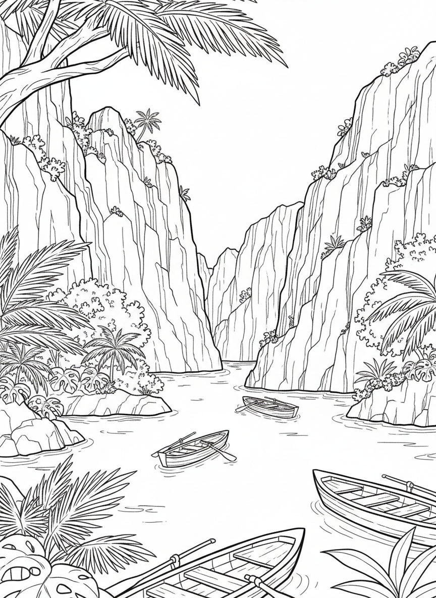 A hidden lagoon surrounded by cliffs and lush vegetation, with small boats floating on calm turquoise water.