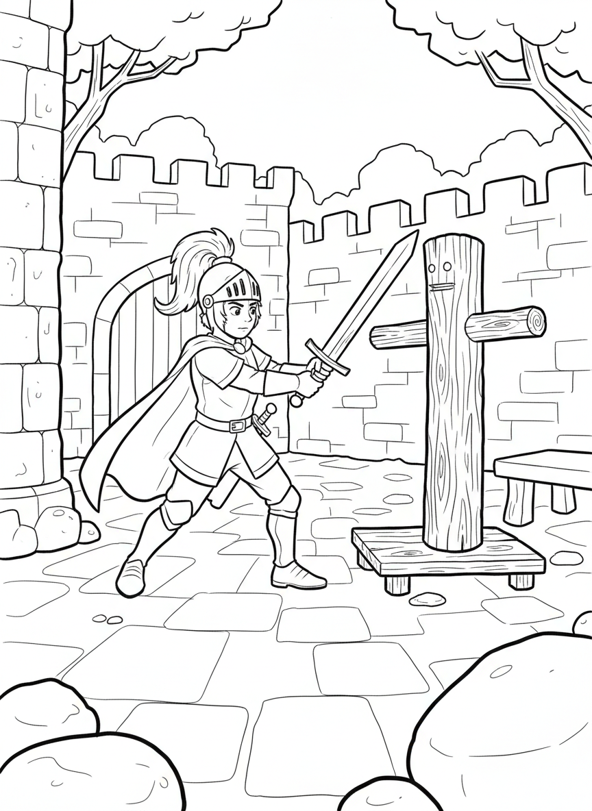 A young knight practicing sword fighting with a wooden training dummy in a castle courtyard, wearing a helmet and cape.