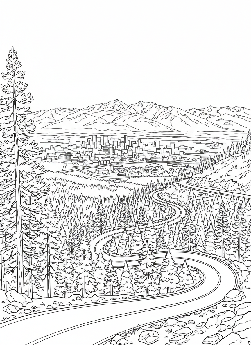 A scenic view from Lookout Mountain showing winding roads, pine forests, and the Denver city sprawl below with mountain ranges beyond.
