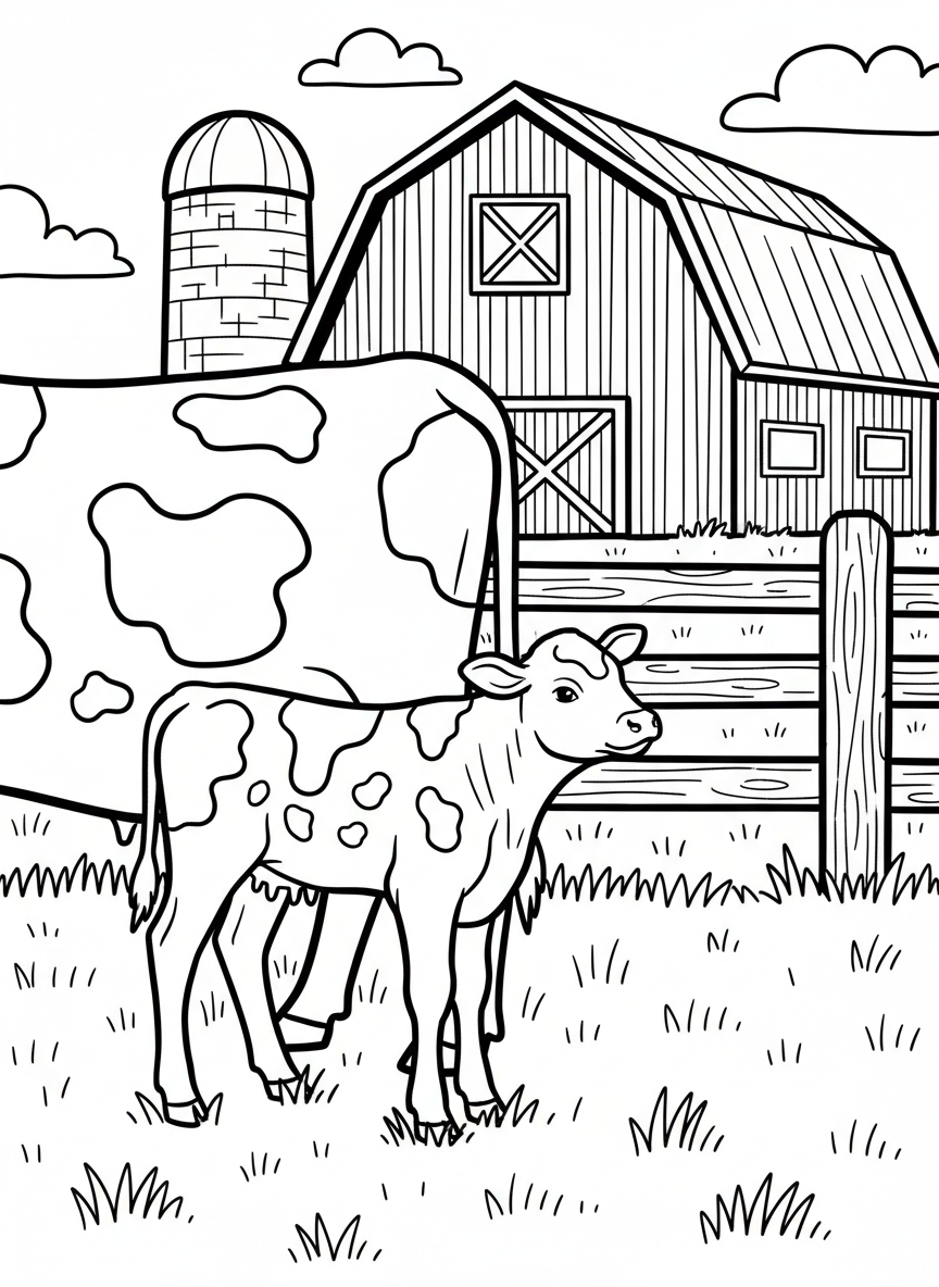 A young calf standing beside its mother in a fenced pasture with a red barn visible behind them.