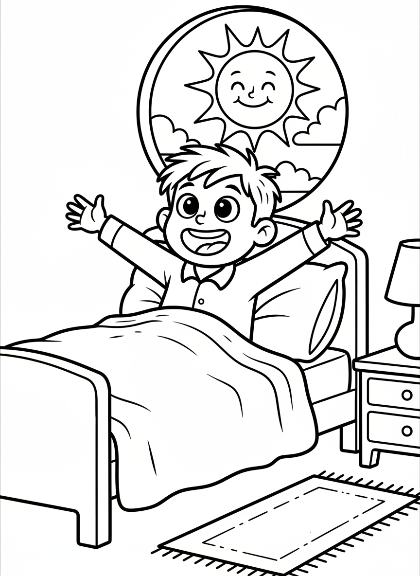 A cheerful child stretching arms wide while sitting up in bed with a smiling sun peeking through the window, simple bedroom background with pillow and blanket