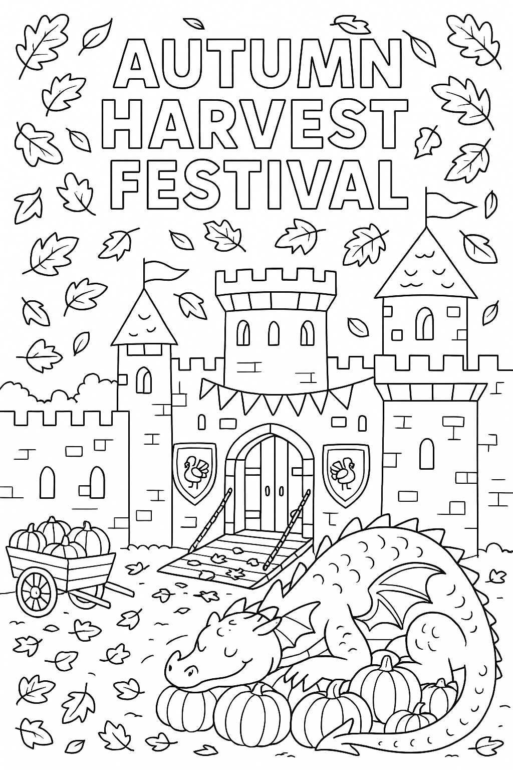 Medieval castle decorated for autumn harvest festival, drawbridge covered in fall leaves, knights' shields with turkey emblems, dragon sleeping on pile of pumpkins in courtyard