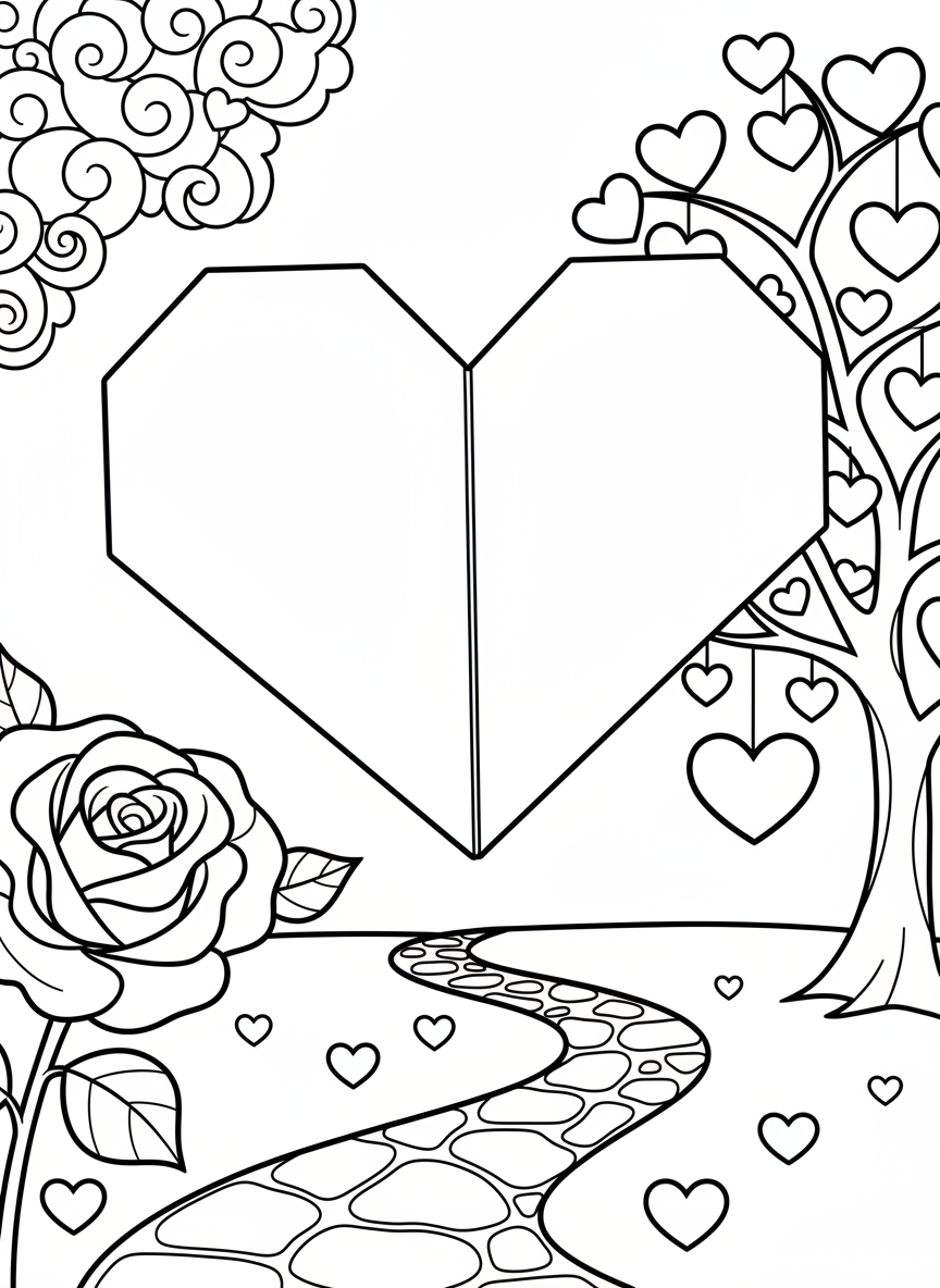 A simple origami heart with clean fold lines and a smooth surface, perfect for young children to color with their favorite Valentine's colors.