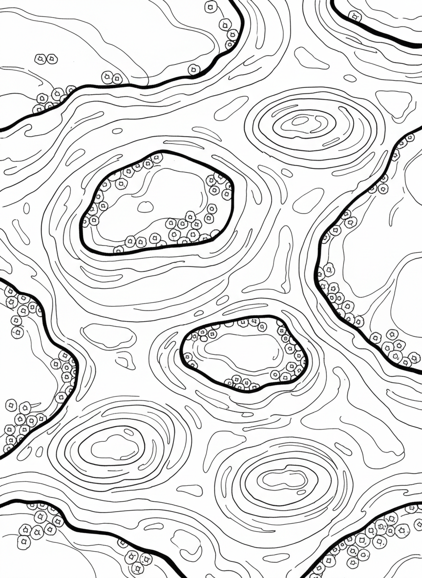 A bird's eye view looking down into a tide pool with barnacle-covered rocks creating a natural pattern, abstract and artistic