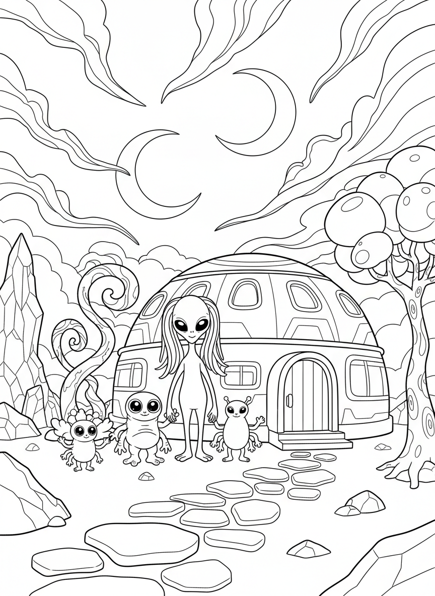 Cute alien family of different sizes standing in front of their dome-shaped house on an alien planet with two moons