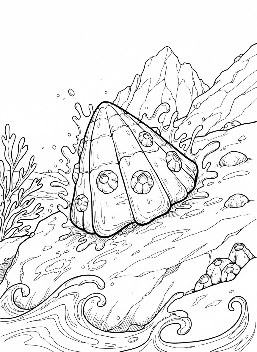 A limpet attached to a rock surface, showing its cone-shaped shell with barnacles and sea spray patterns around it.