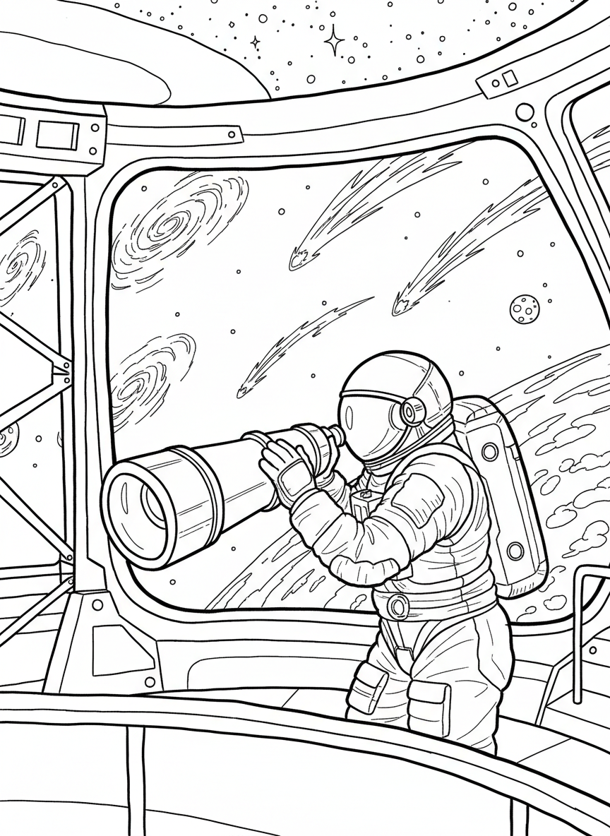 An astronaut looking through a large telescope on a space station observation deck, gazing at distant galaxies and comets