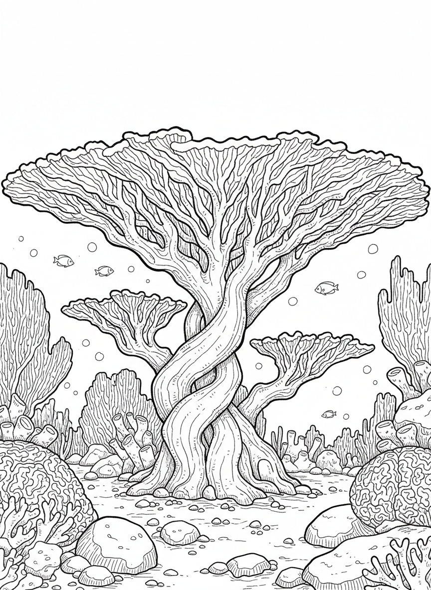 Intricate table coral formation viewed from the side, showing its flat top and supporting structure underneath.