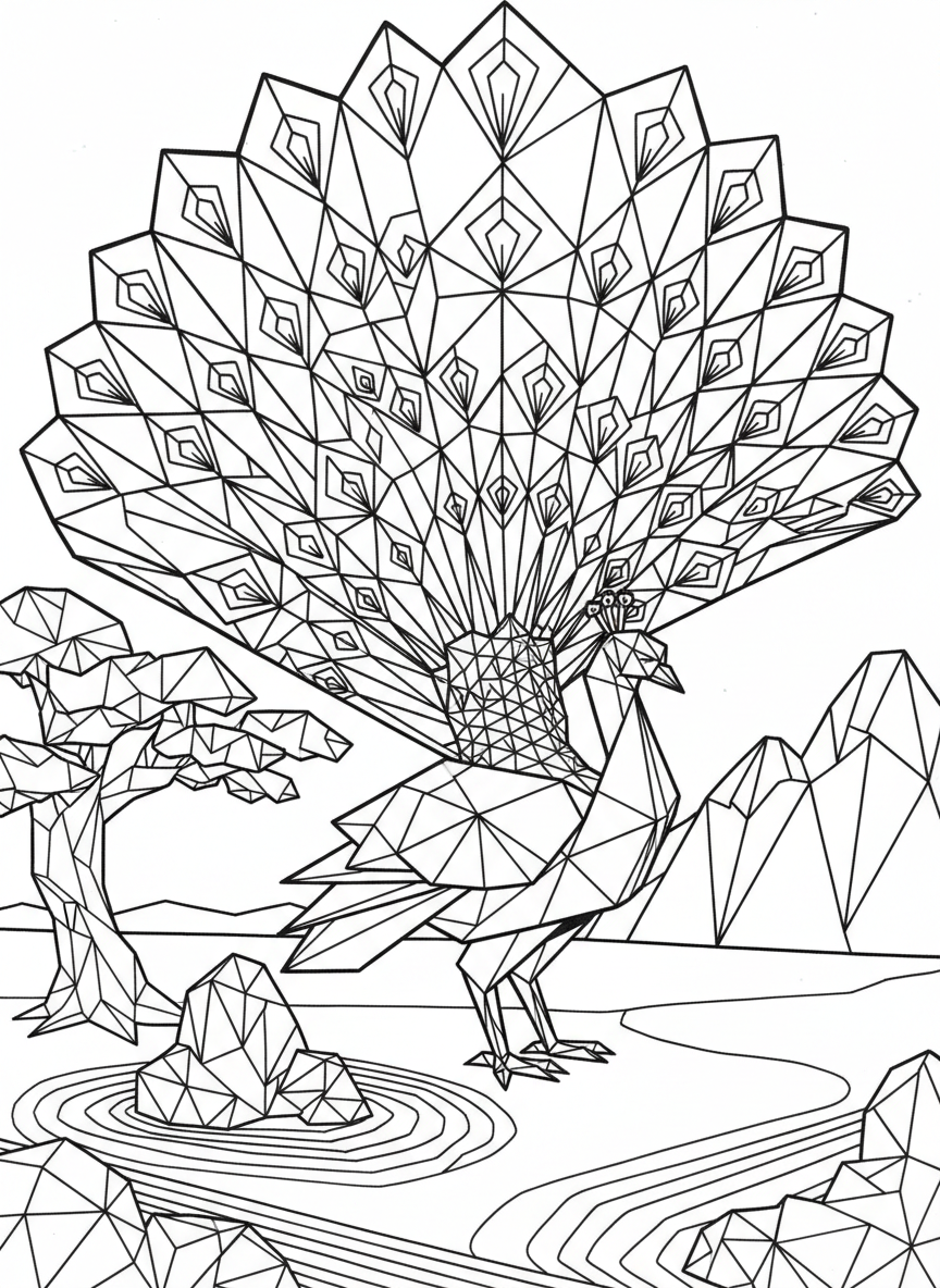 A detailed origami peacock with an elaborate fan-shaped tail made of multiple geometric triangular folds and patterns