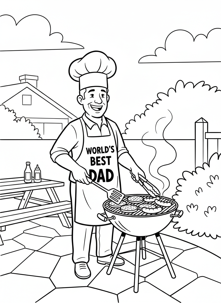 A dad grilling burgers and hot dogs at a backyard barbecue with a chef's hat and apron that says 'World's Best Dad'