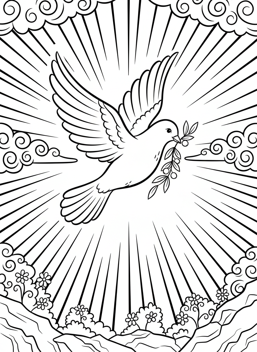A dove descending with an olive branch, surrounded by rays of light and decorative clouds