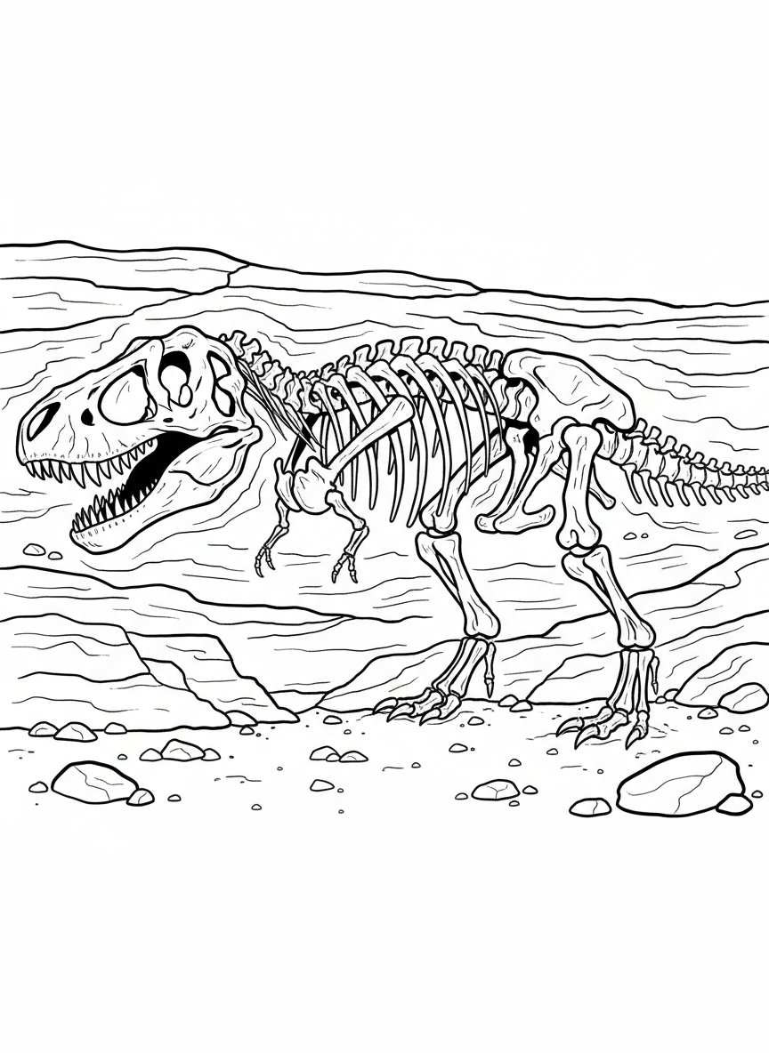 A detailed dinosaur skeleton fossil partially buried in rock layers and sand, showing bones and skull clearly outlined.