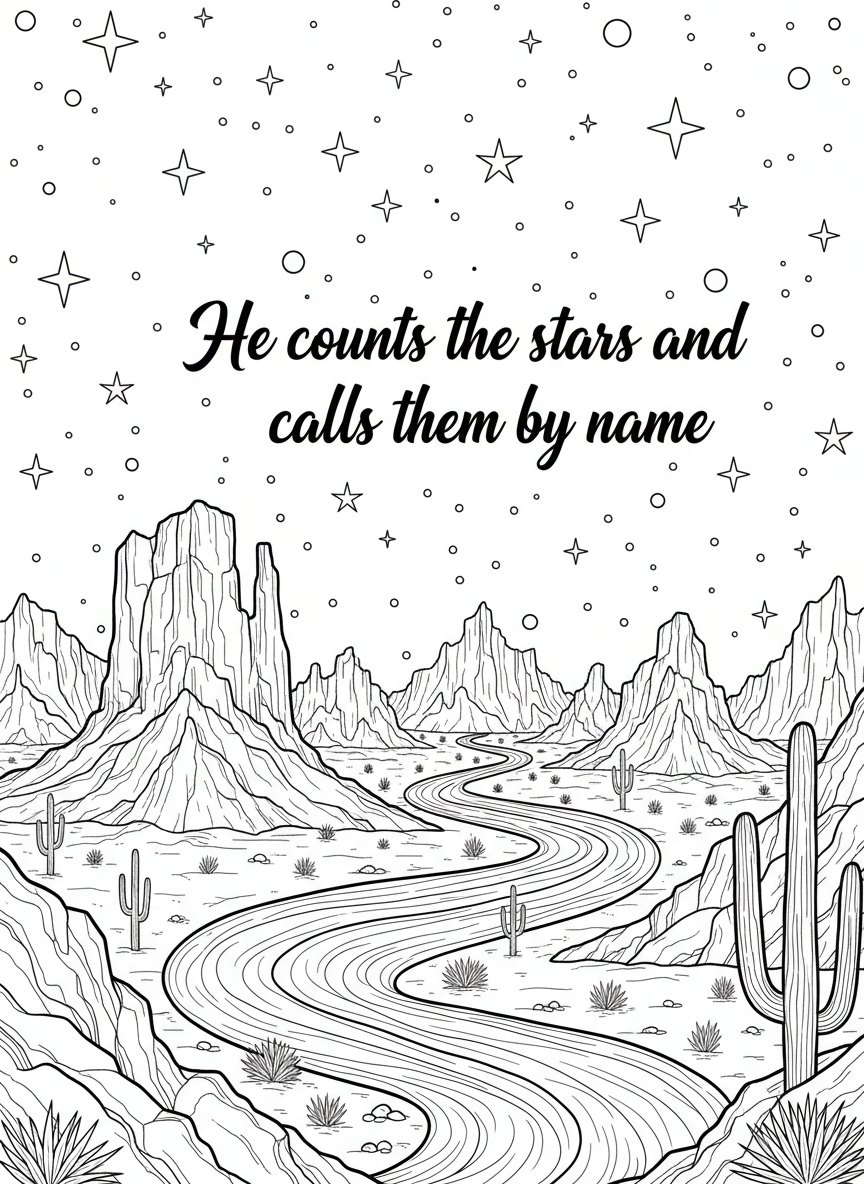 Stars filling the night sky above a desert landscape, with 'He counts the stars and calls them by name' in flowing text.