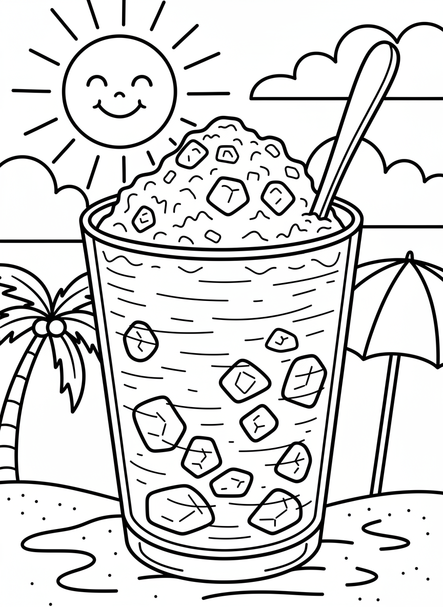 A water ice cup with a spoon, showing the shaved ice texture with simple lines, and a smiling sun in the background for a summer theme.