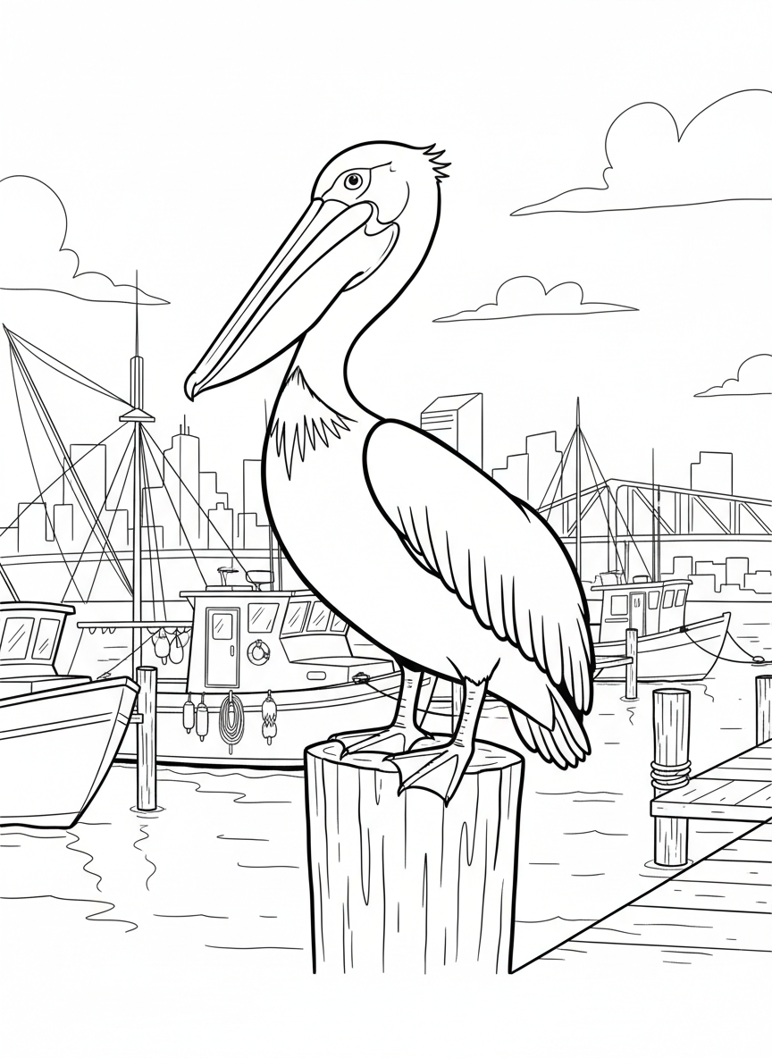 A pelican perched on a wooden dock post with fishing boats in the background at the Jacksonville marina