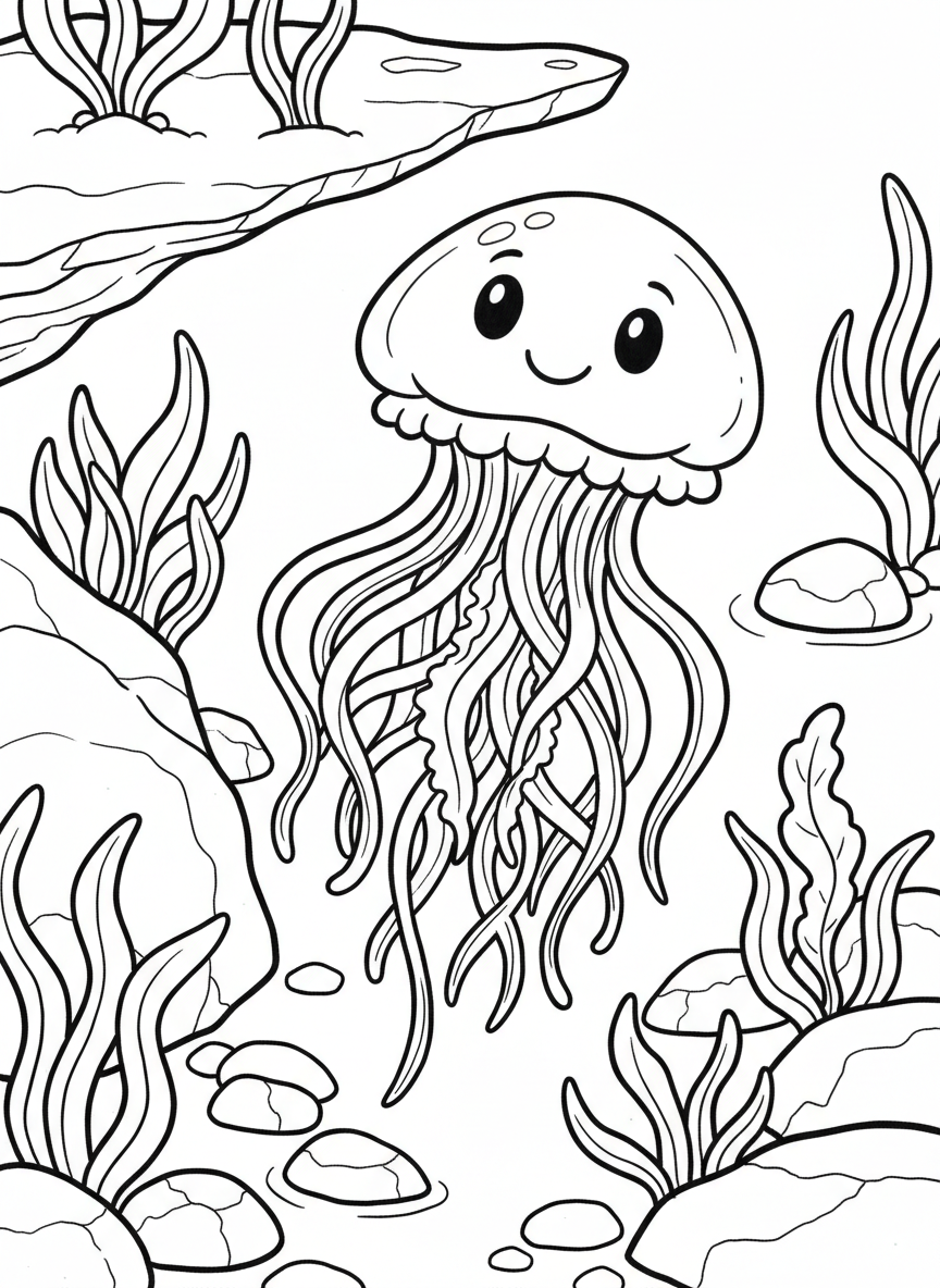 A single smiling jellyfish floating in a shallow tide pool, with long wavy tentacles and a simple dome-shaped bell, surrounded by small rocks and seaweed.