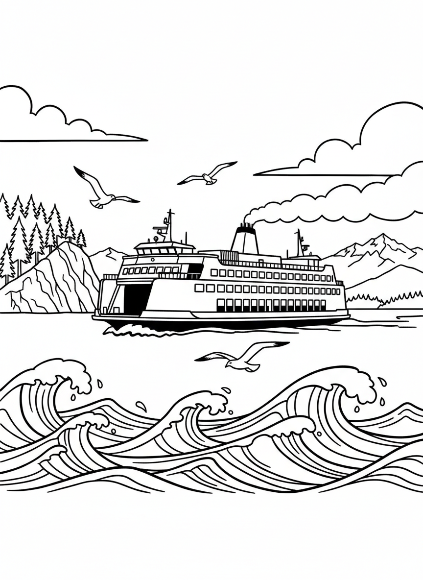 A Washington State Ferry boat crossing Puget Sound with seagulls flying overhead and waves below, clean line drawing.
