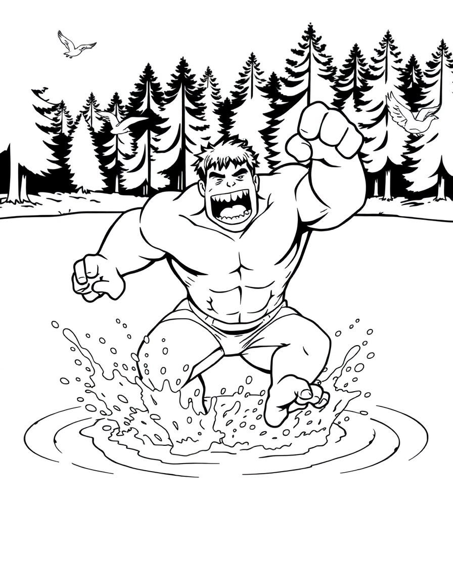 Hulk leaps into a lake with a toothy grin, water splashing high around him, and a forest with ducks flying behind, realistic and in the style of Hulk.