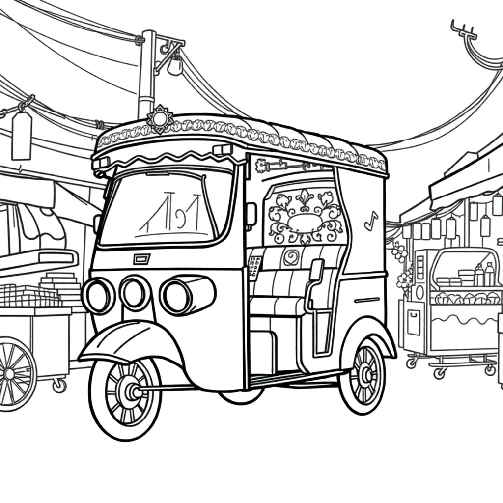 a tuk tuk with roof, sides, and wheels divided into symmetrical sections. Place the tuk-tuk on a lively street scene: food vendor carts, hanging signs, and small market stalls line the sides of the street.