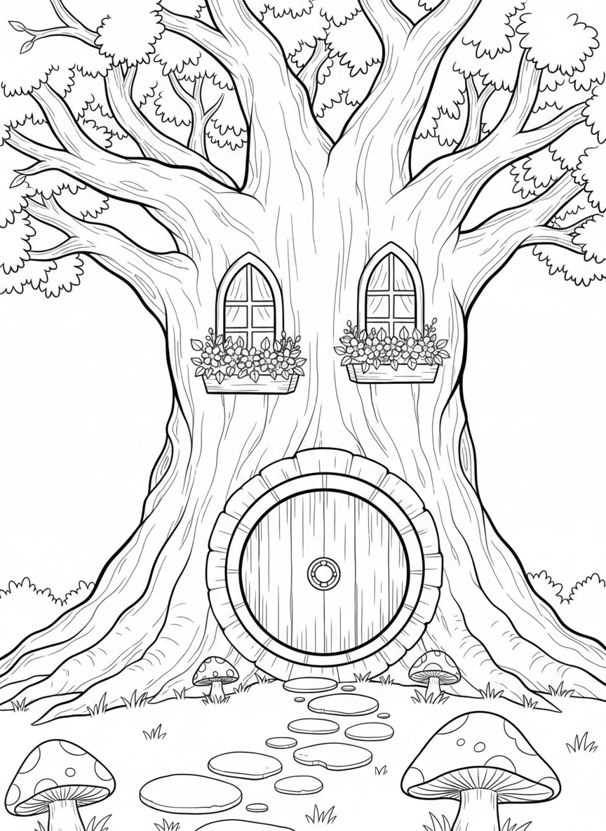 A fairy tale inspired treehouse with round hobbit-style door, flower boxes under windows, and mushroom stepping stones below.