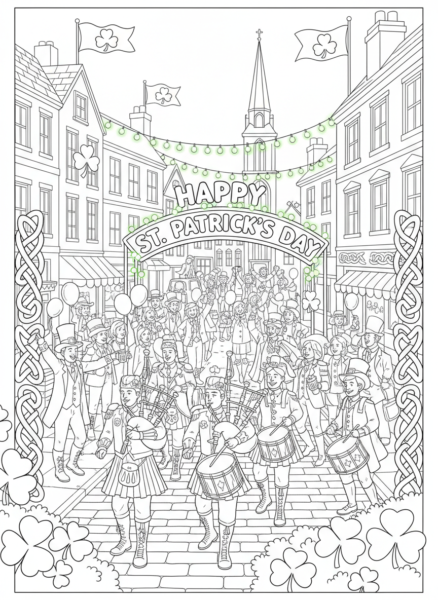 Saint Patricks Day coloring page prompts celebrating Irish-inspired traditions, green decorations, music, and festive community energy.	A city block adorned with green lights and flags, people wearing themed clothing as the celebration unfolds throughout the neighborhood.